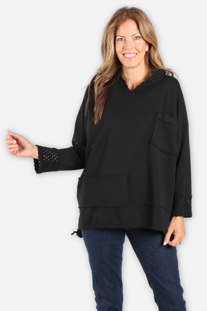 Crochet Trim Hoodie - Black