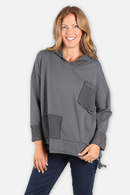 Crochet Trim Hoodie - Charcoal