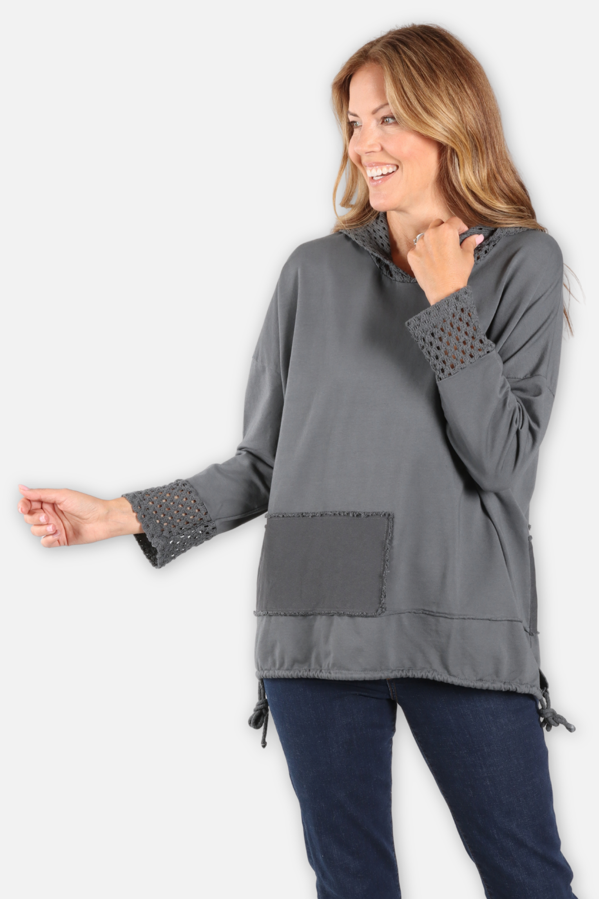 Crochet Trim Hoodie - Charcoal
