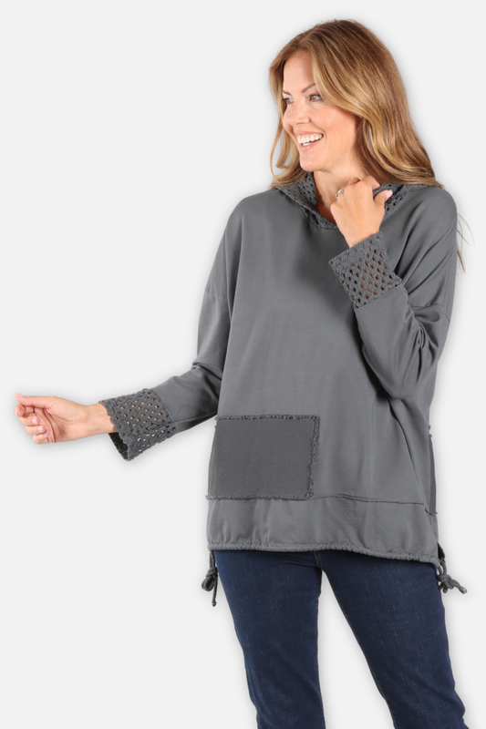 Crochet Trim Hoodie - Charcoal