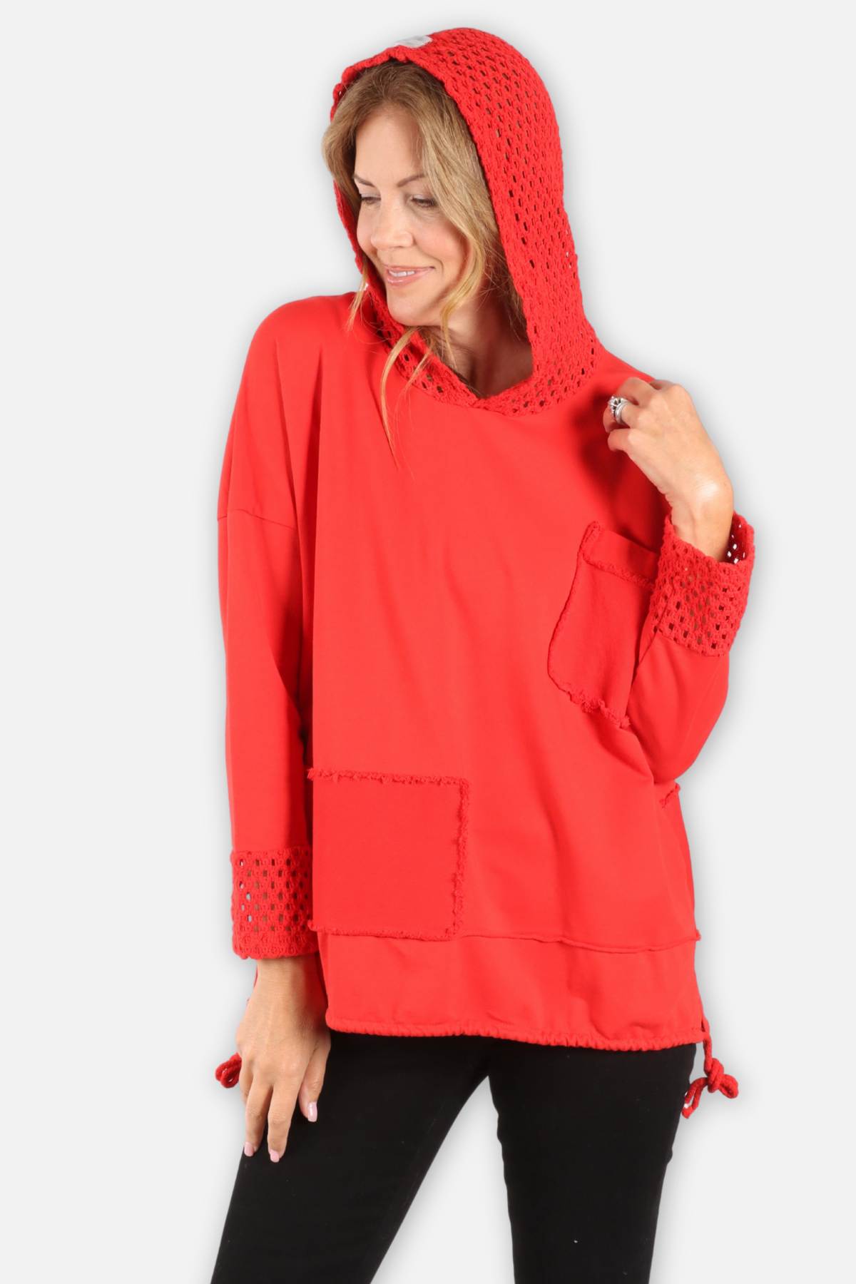 Crochet Trim Hoodie - Red