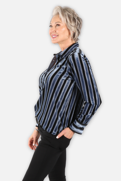 Burnout Stripe Velvet Shirt - Navy