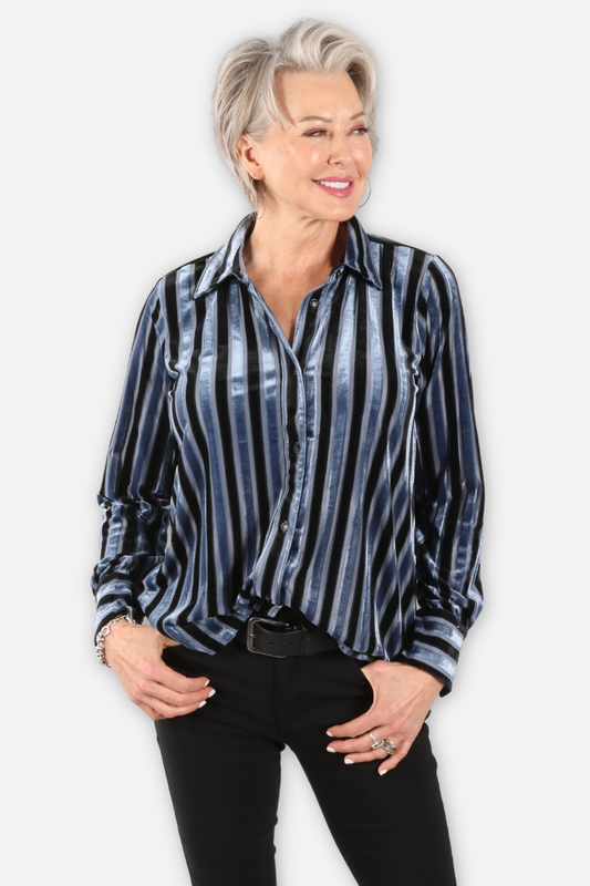 Burnout Stripe Velvet Shirt - Navy