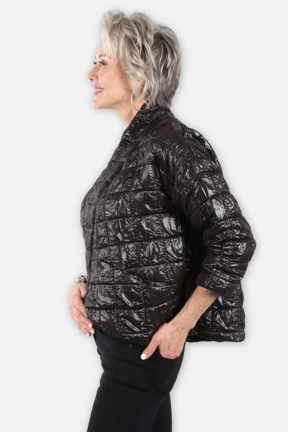 Asymmetric Quilted Open Jacket - Brown