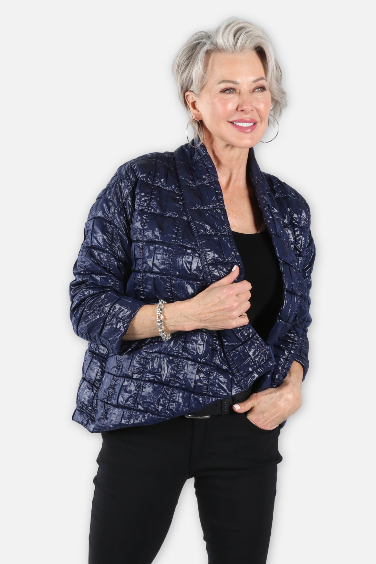 Asymmetric Quilted Open Jacket - Navy