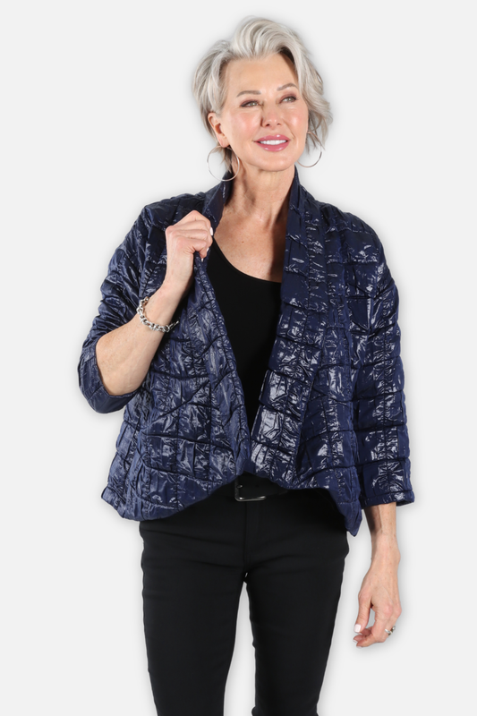 Asymmetric Quilted Open Jacket - Navy