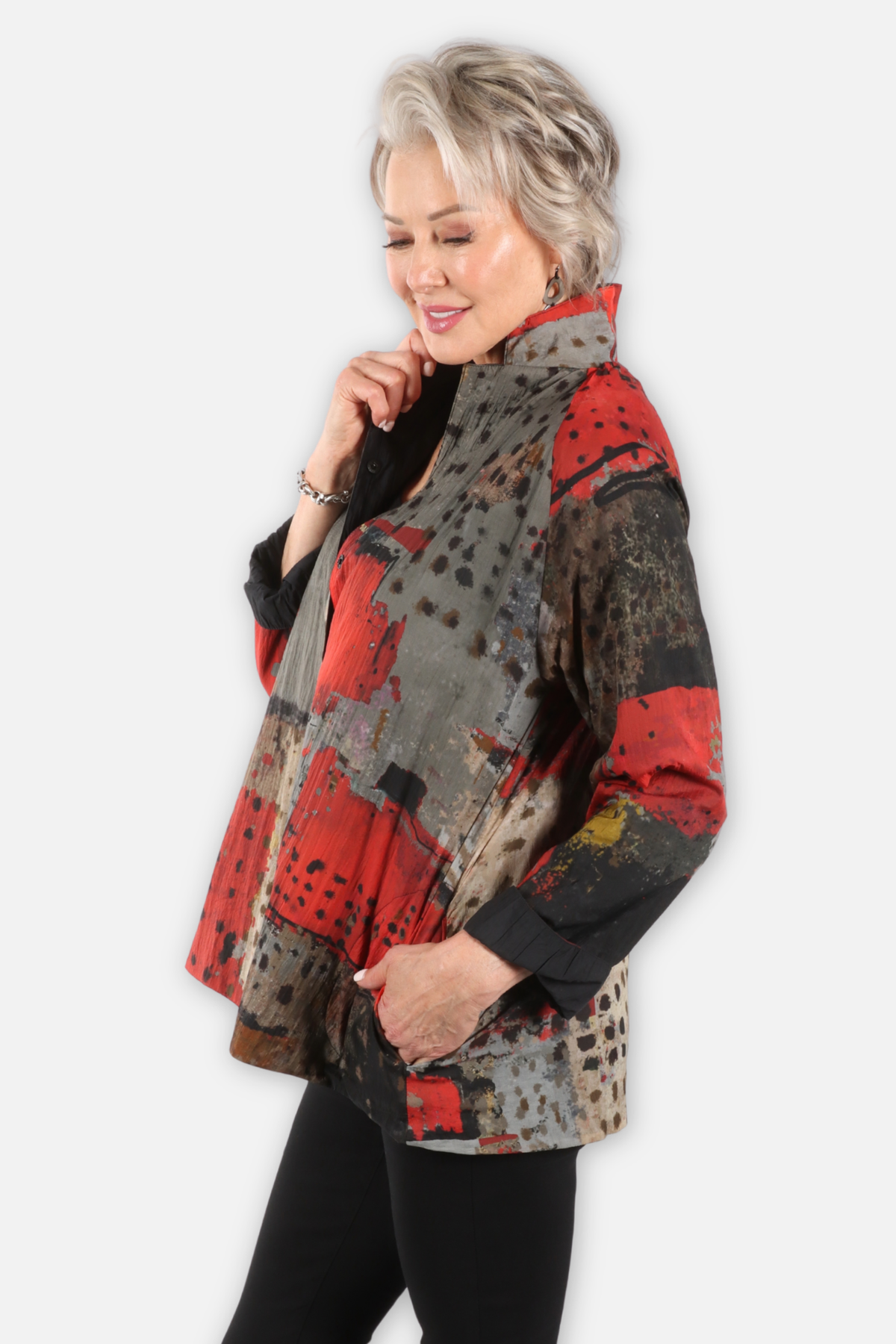Reversible Mandarin Jacket - Red Abstract