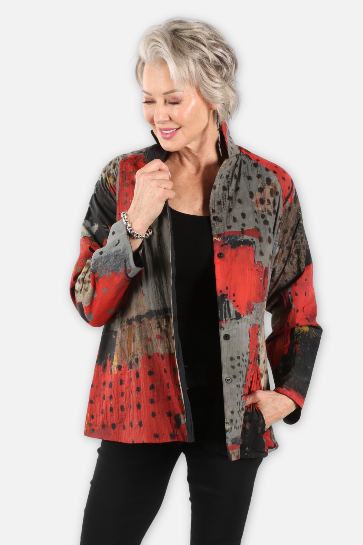 Reversible Mandarin Jacket - Red Abstract