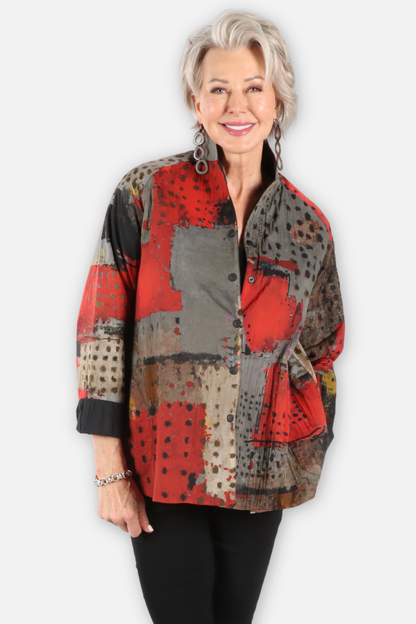 Reversible Mandarin Jacket - Red Abstract