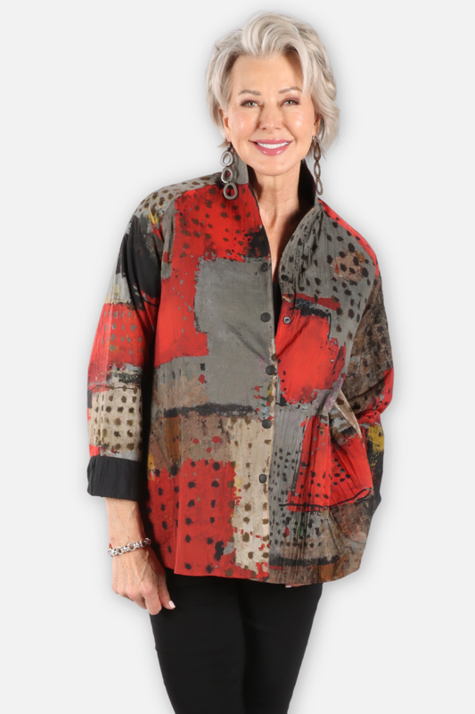 Reversible Mandarin Jacket - Red Abstract