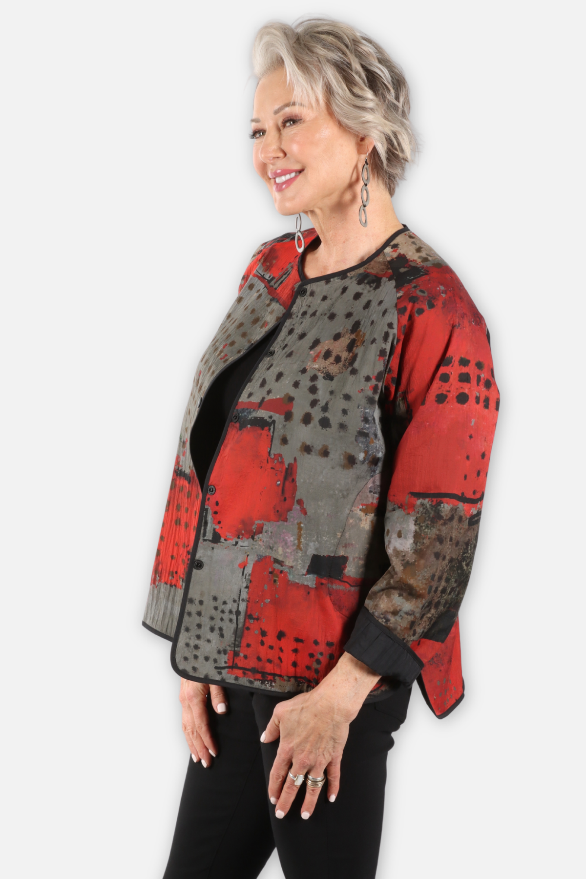 Reversible Jacket with Piping - Red Abstract
