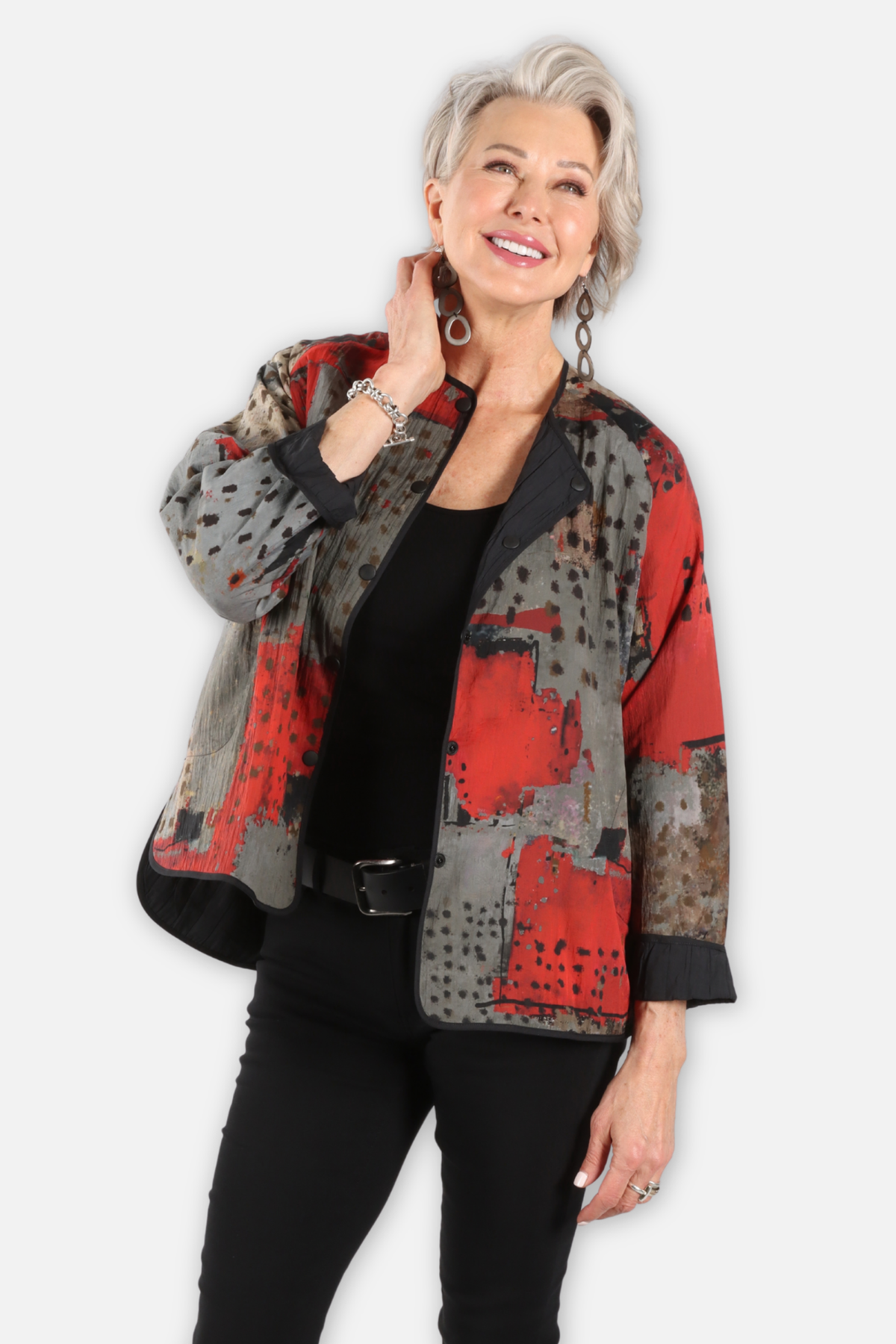 Reversible Jacket with Piping - Red Abstract