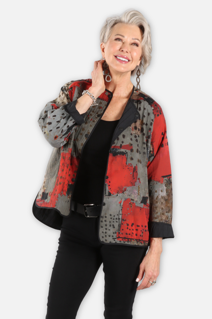 Reversible Jacket with Piping - Red Abstract