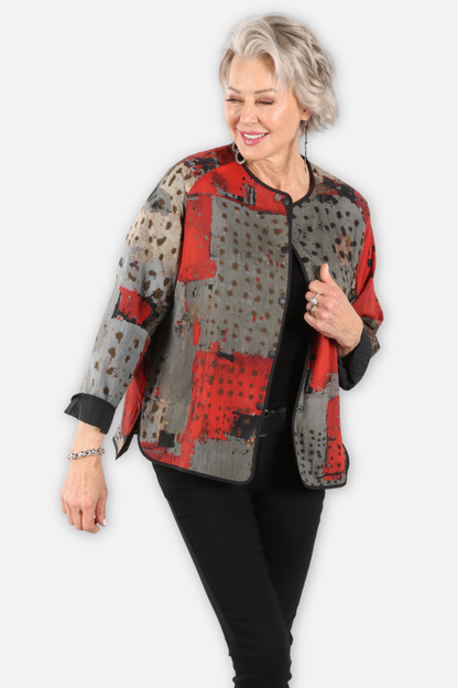 Reversible Jacket with Piping - Red Abstract