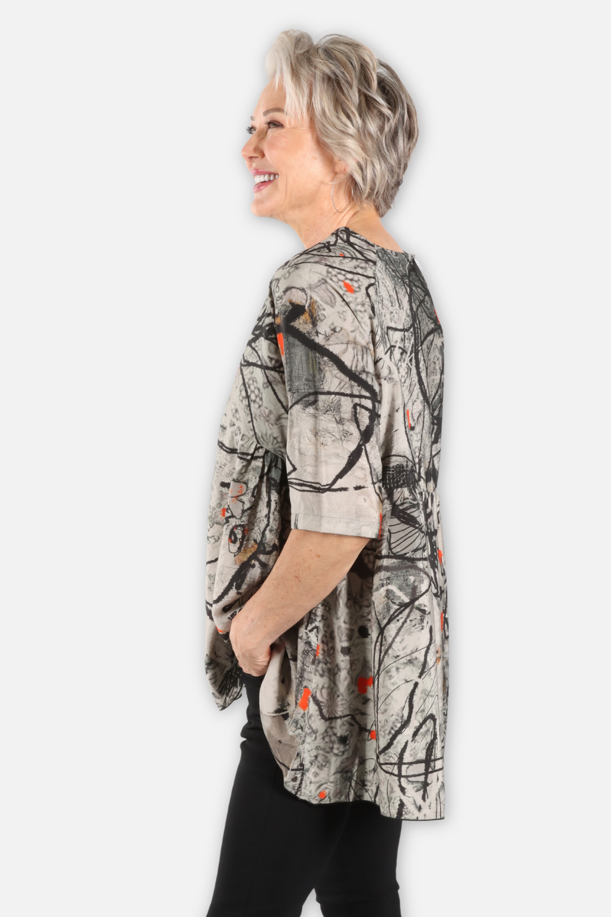 Short Sleeve Gathered High Low Top - Flower Combo