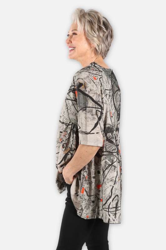 Short Sleeve Gathered High Low Top - Flower Combo