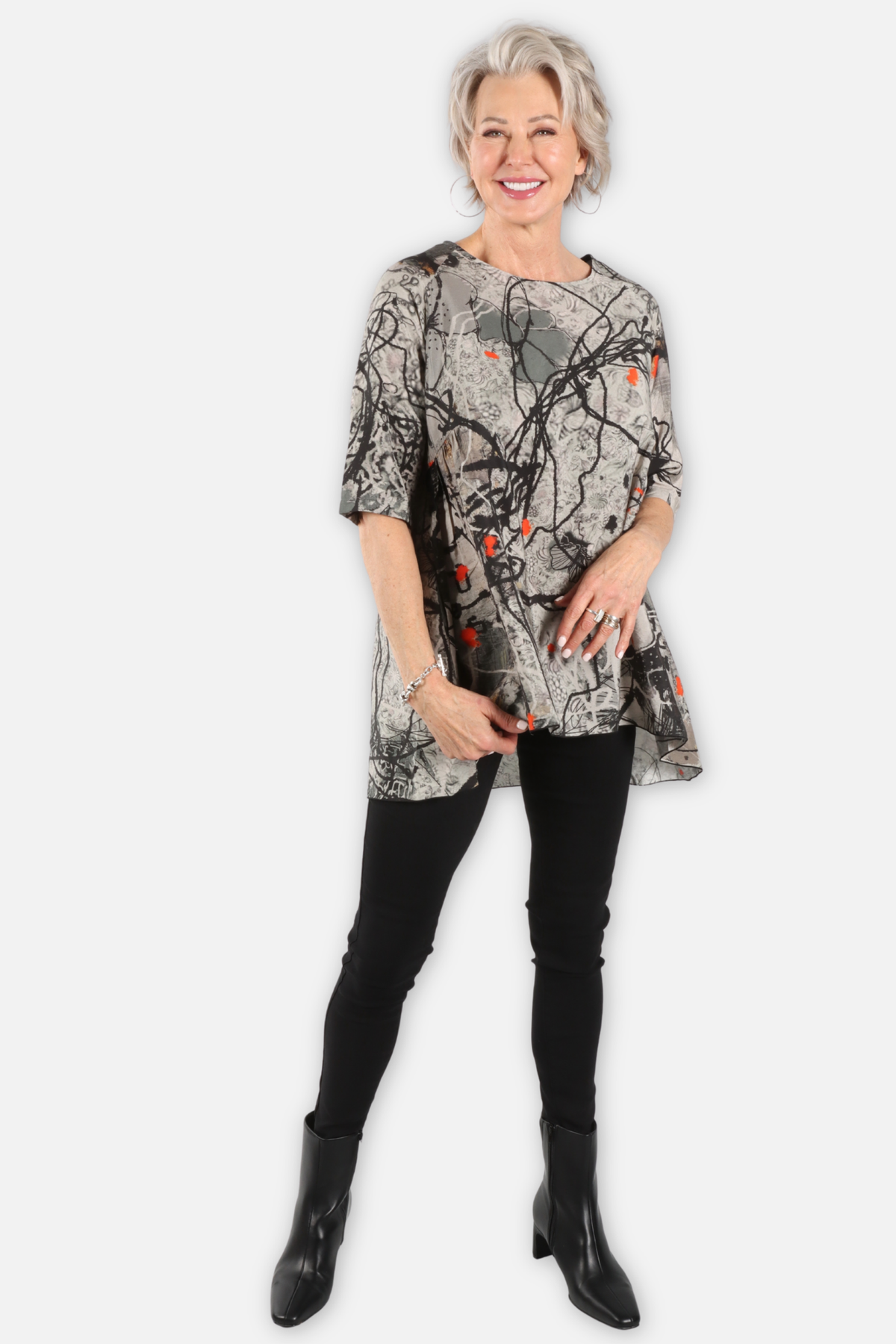 Short Sleeve Gathered High Low Top - Flower Combo