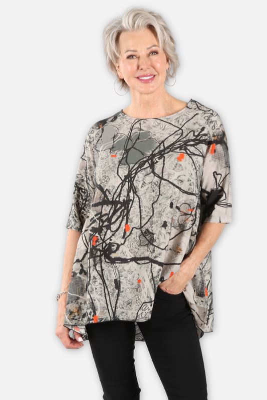 Short Sleeve Gathered High Low Top - Flower Combo