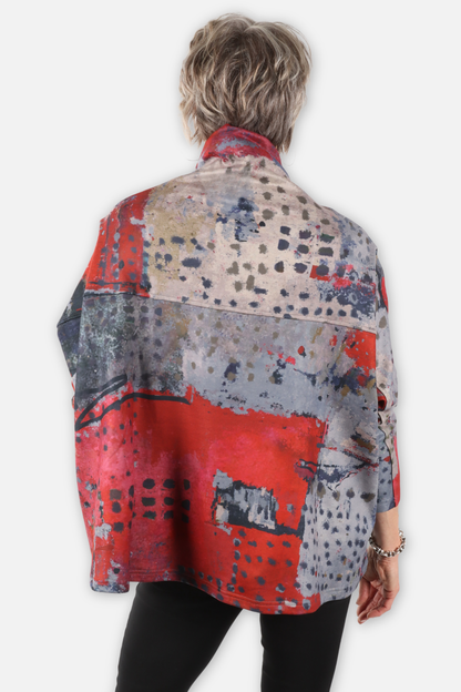 High Low Cowl Top - Red Abstract