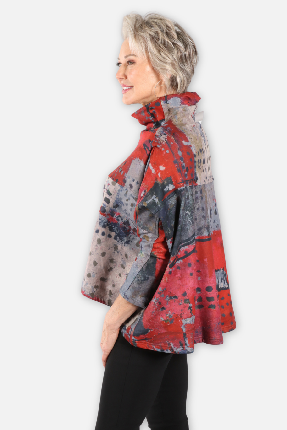 High Low Cowl Top - Red Abstract