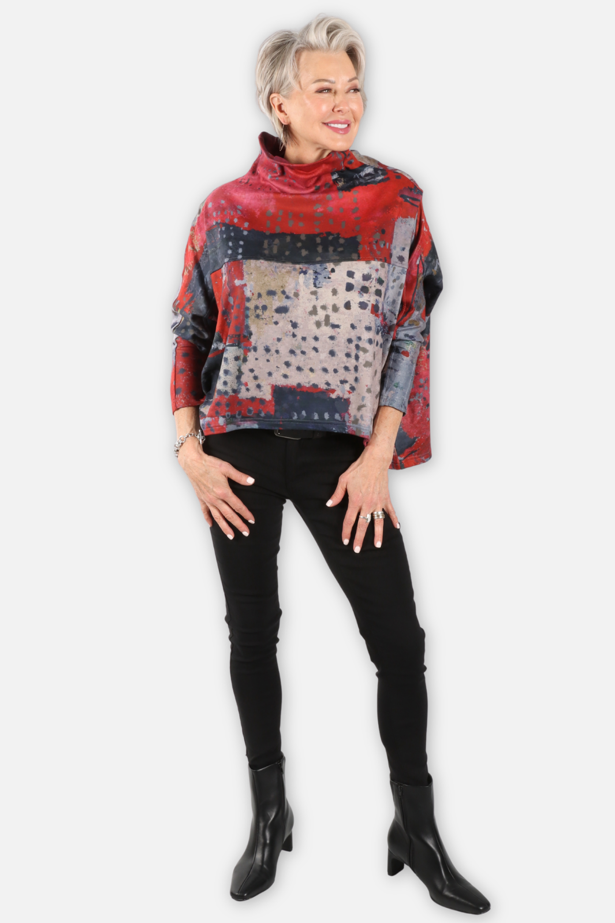 High Low Cowl Top - Red Abstract