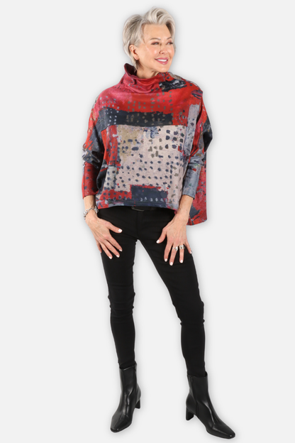 High Low Cowl Top - Red Abstract