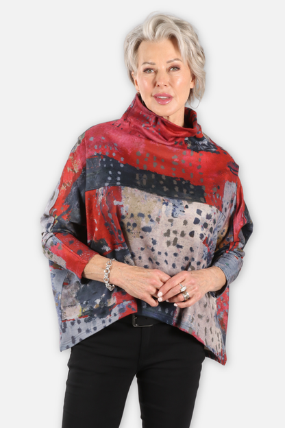 High Low Cowl Top - Red Abstract