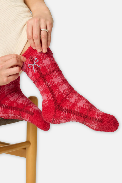 Plaid with Embroidered Bow Socks - Red