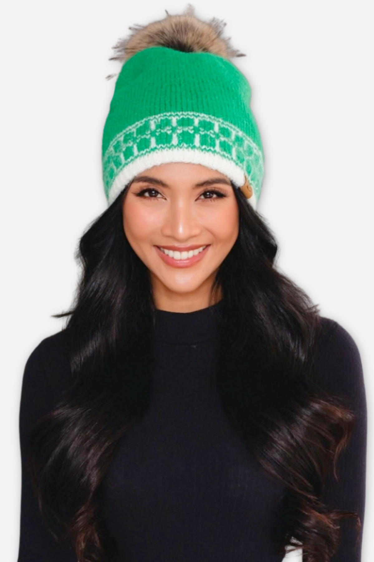 Knit Beanie - Green & Cream Patterned