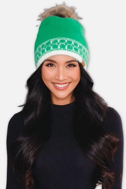 Knit Beanie - Green & Cream Patterned