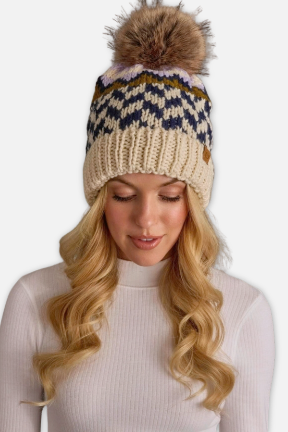 Knit Beanie -  Beige Navy Lilac Patterned