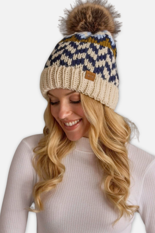 Knit Beanie -  Beige Navy Light Blue Patterned