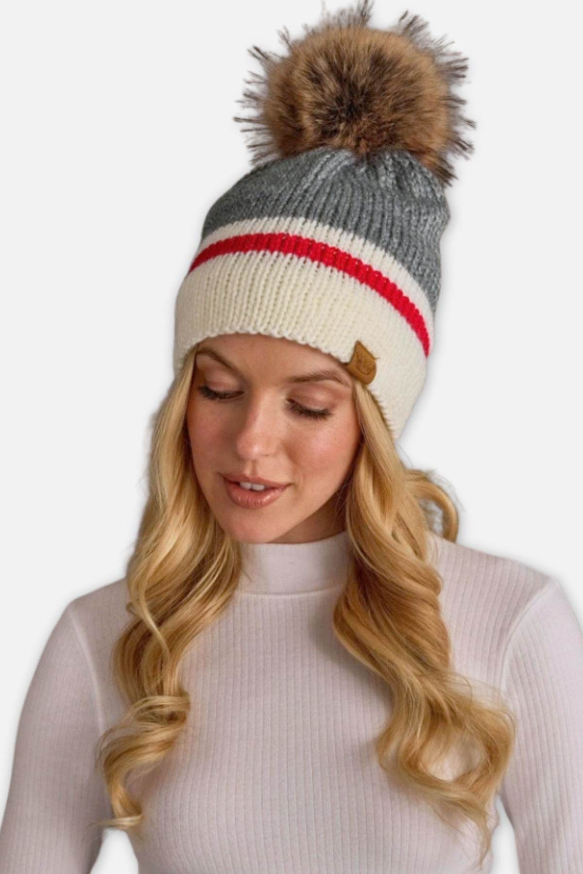 Knit Beanie - Gray Red & White Striped