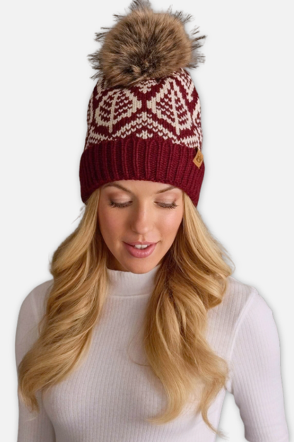 Knit Beanie - Wine & Beige Patterned