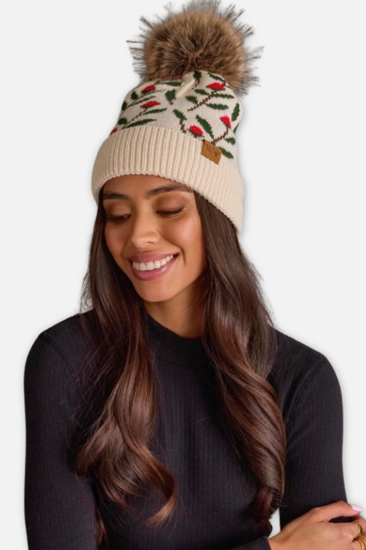 Knit Beanie - Cream Floral