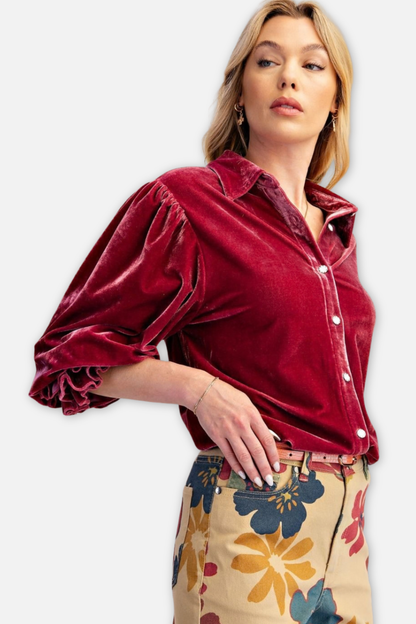 Button Down Velvet Top - Raspberry