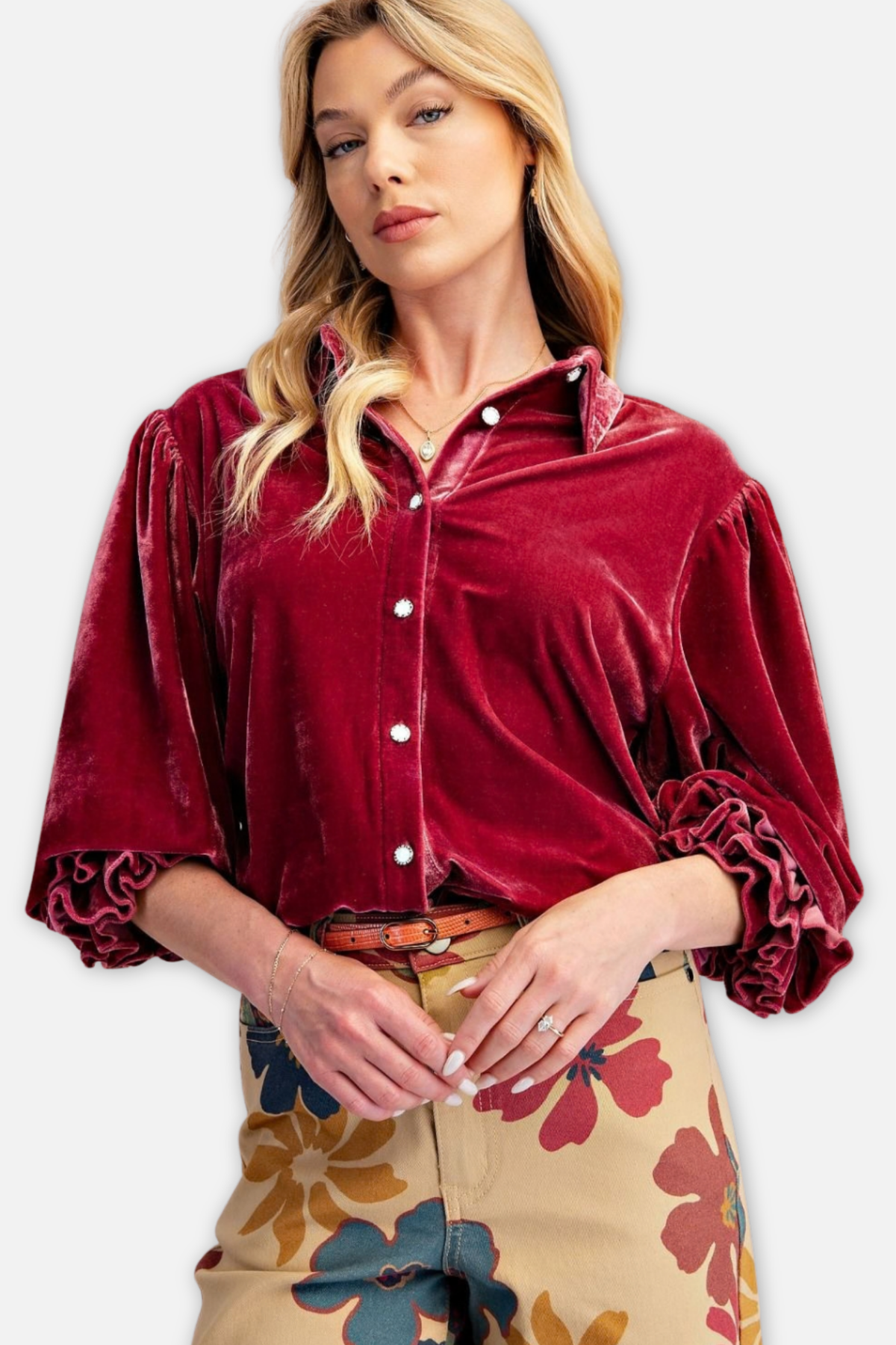 Button Down Velvet Top - Raspberry