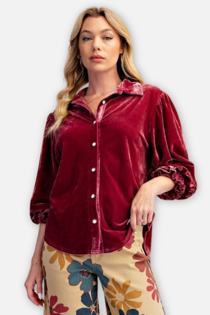 Button Down Velvet Top - Raspberry