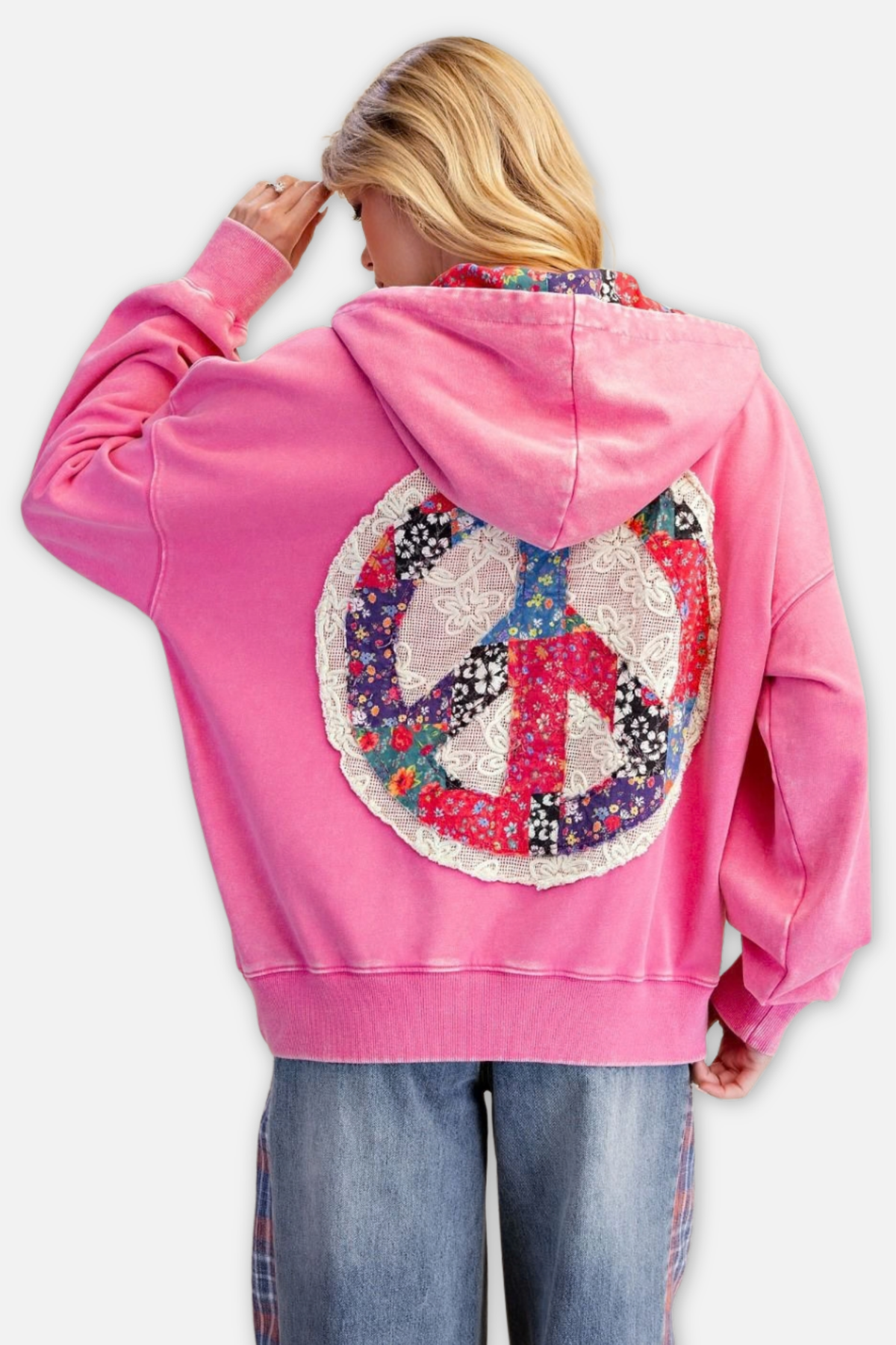 Peace Patch Hooded Pullover - Candy Pink