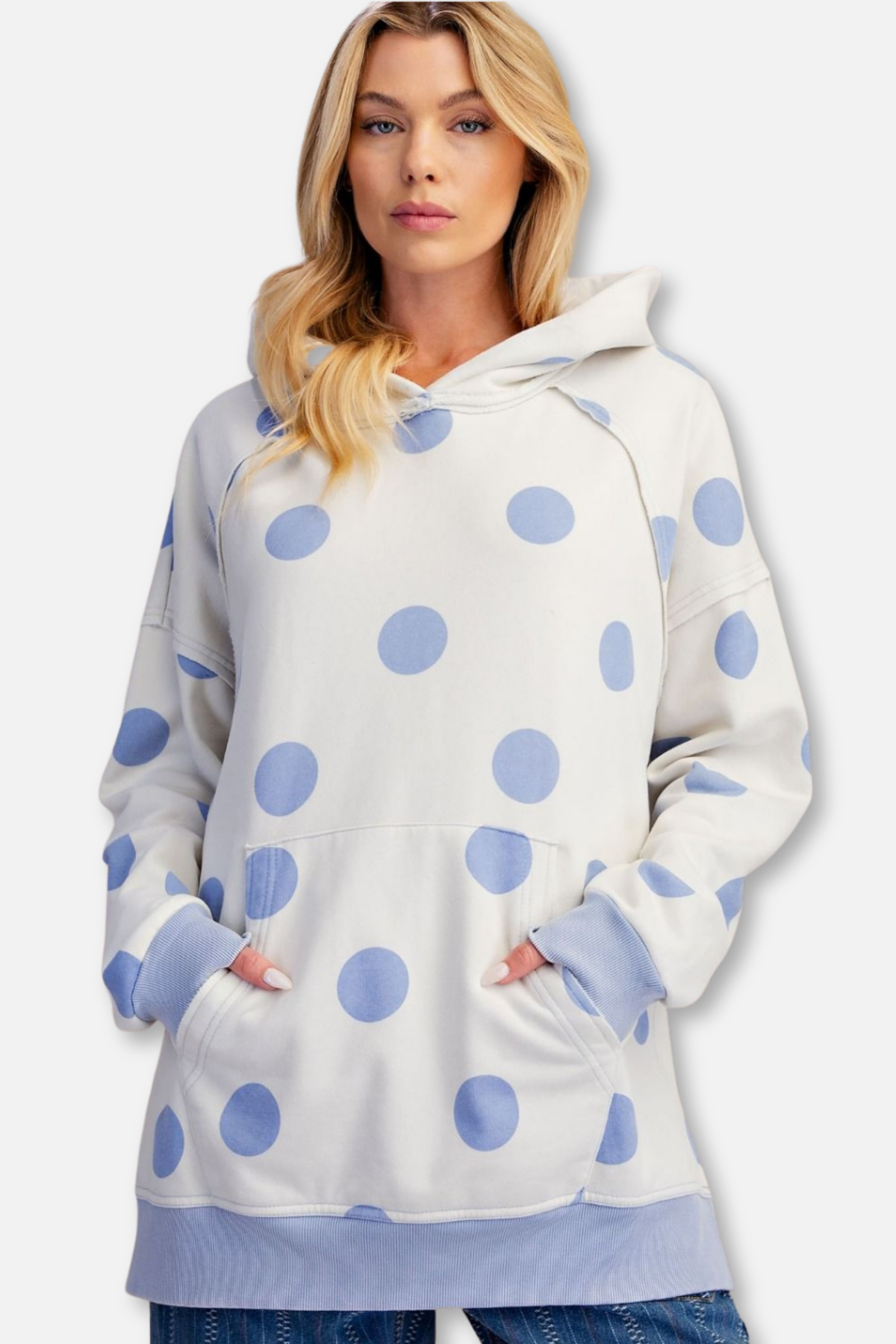 Polka Dot Terry Hooded Pullover - Ecru/Blue