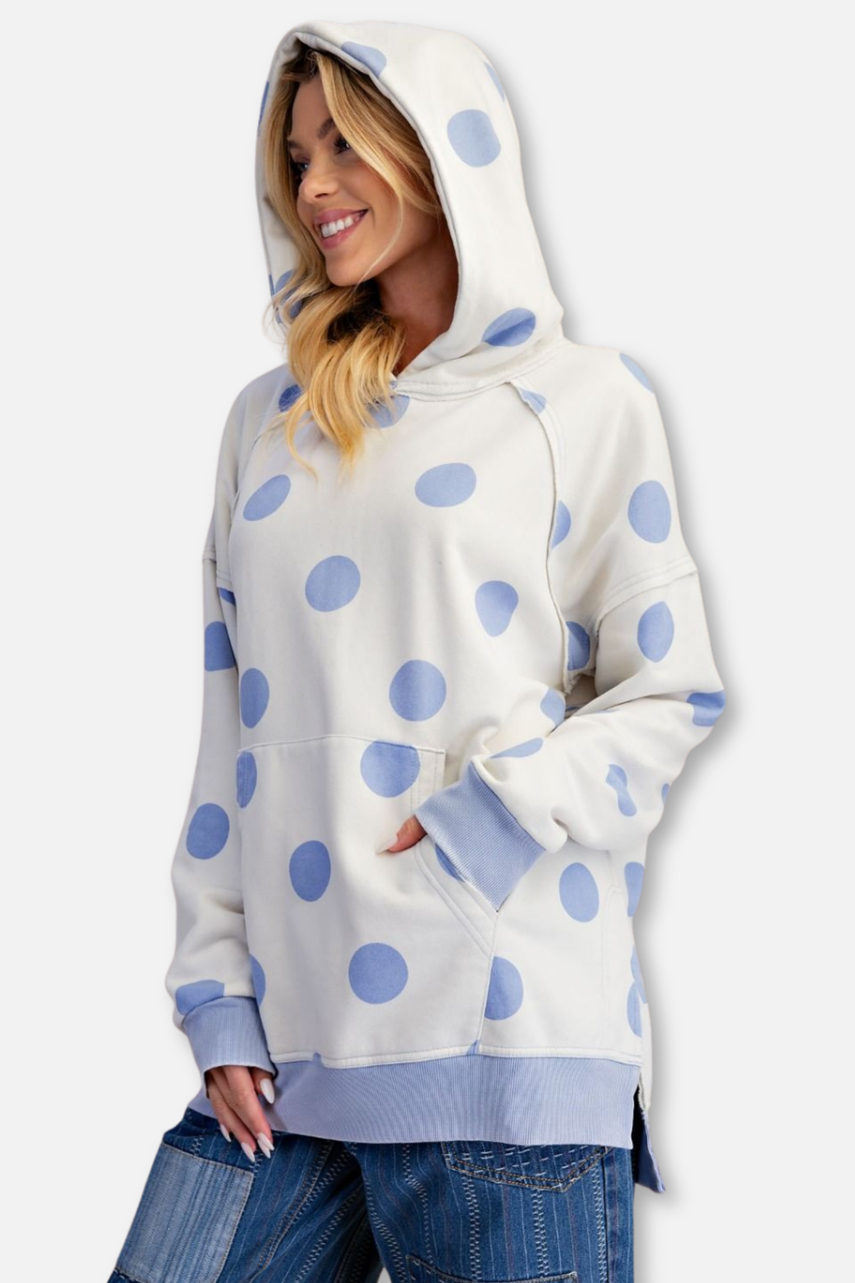 Polka Dot Terry Hooded Pullover - Ecru/Blue