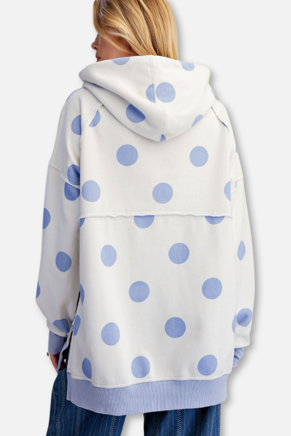 Polka Dot Terry Hooded Pullover - Ecru/Blue