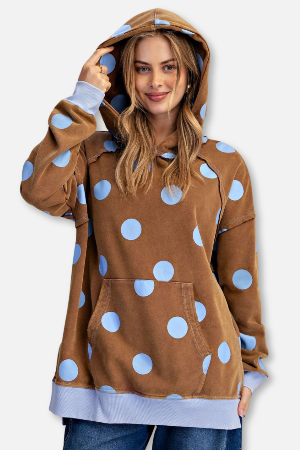 Polka Dot Terry Hooded Pullover - Mocha/Blue