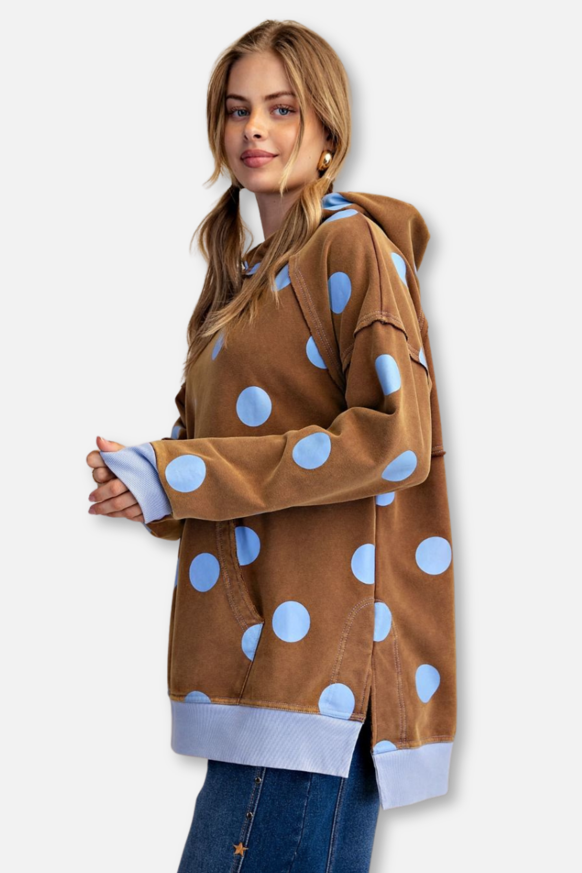 Polka Dot Terry Hooded Pullover - Mocha/Blue