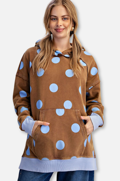 Polka Dot Terry Hooded Pullover - Mocha/Blue