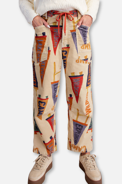 Print Corduroy Barrel Leg Pant - Khaki