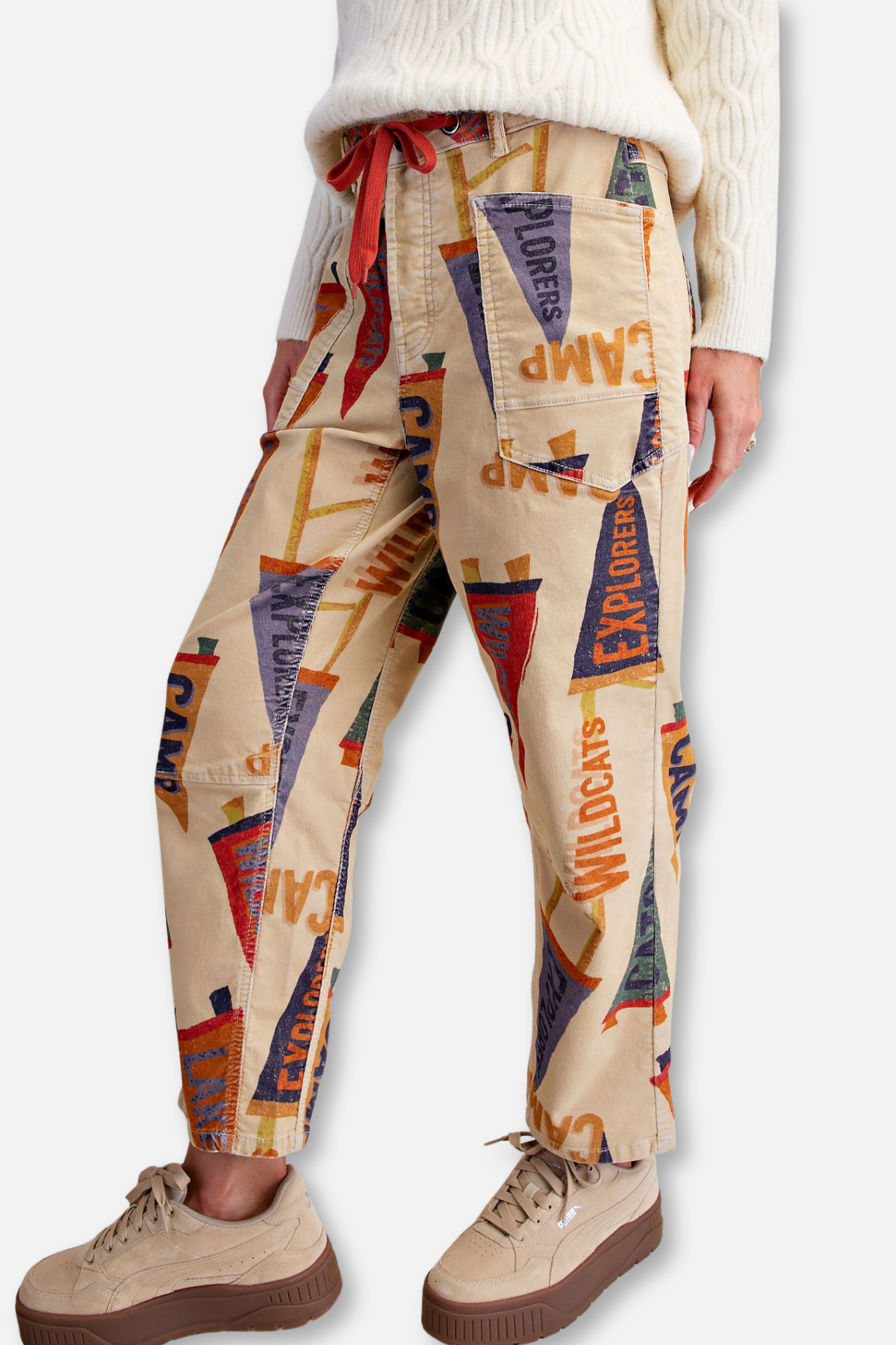 Print Corduroy Barrel Leg Pant - Khaki