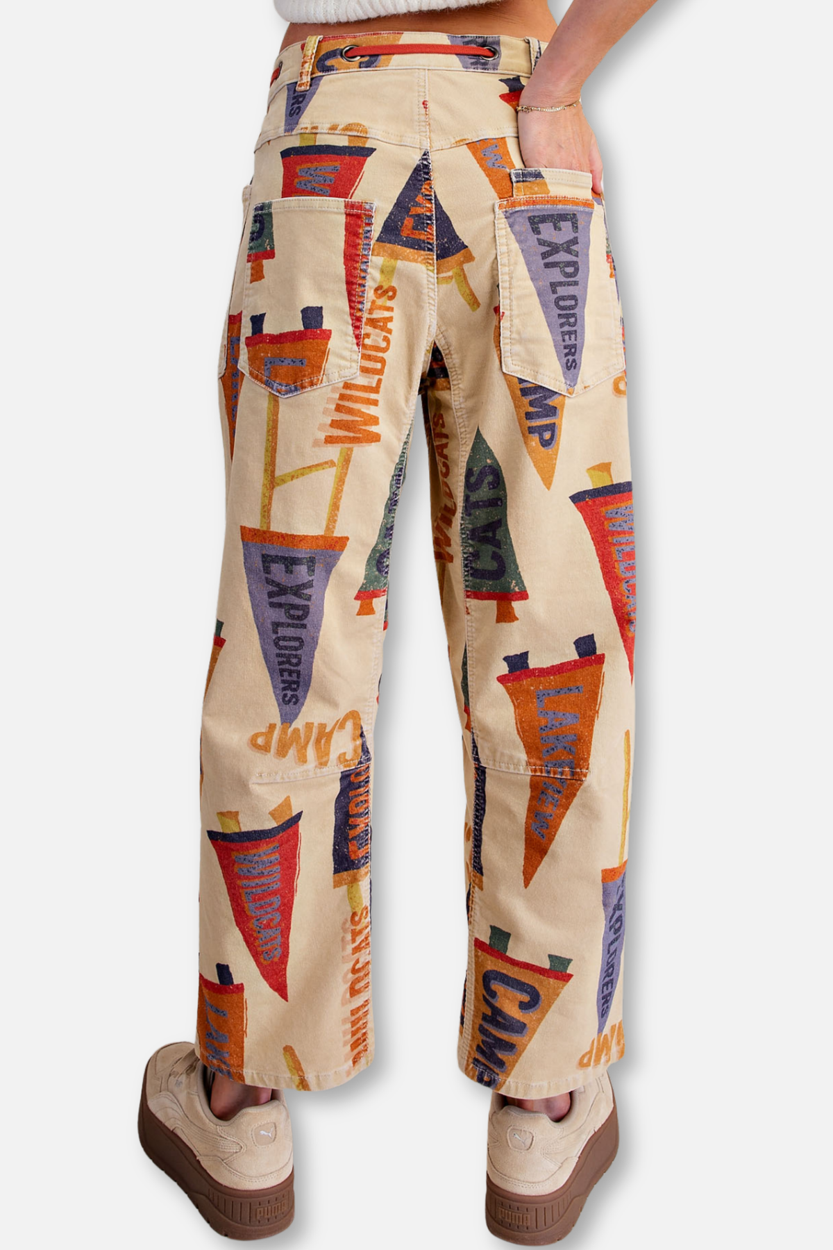 Print Corduroy Barrel Leg Pant - Khaki
