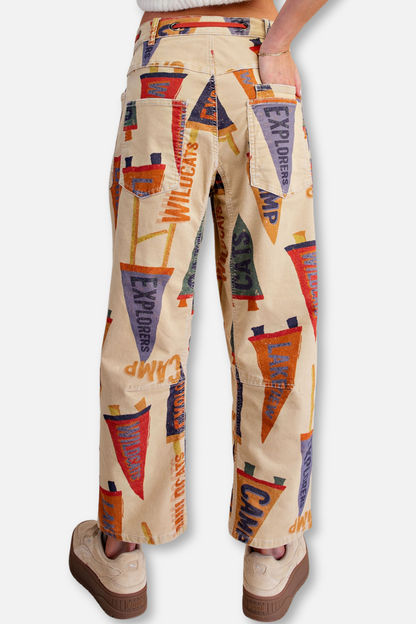 Print Corduroy Barrel Leg Pant - Khaki