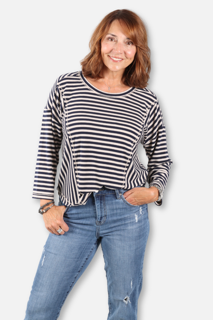 3/4 Sleeve Stripe Top - Navy & Oat